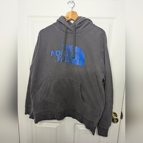 The North Face Mens Hoodie Gray Blue Logo Pullover Hooded Sweatshirt Size Large - Picture 1 of 5